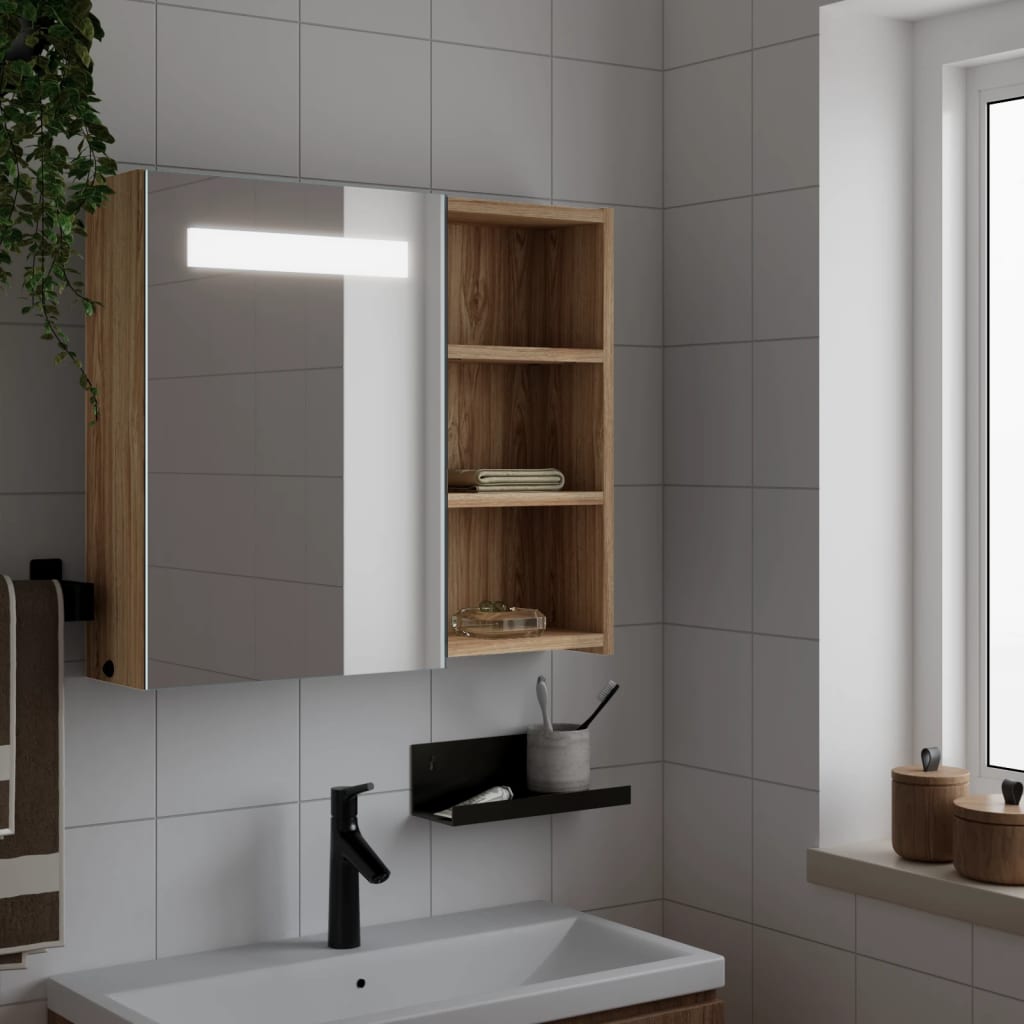 Badkamerkast met spiegel en LED 60x13x52 cm eikenkleurig is nu te koop bij PeponiXL, paradijselijk wonen!