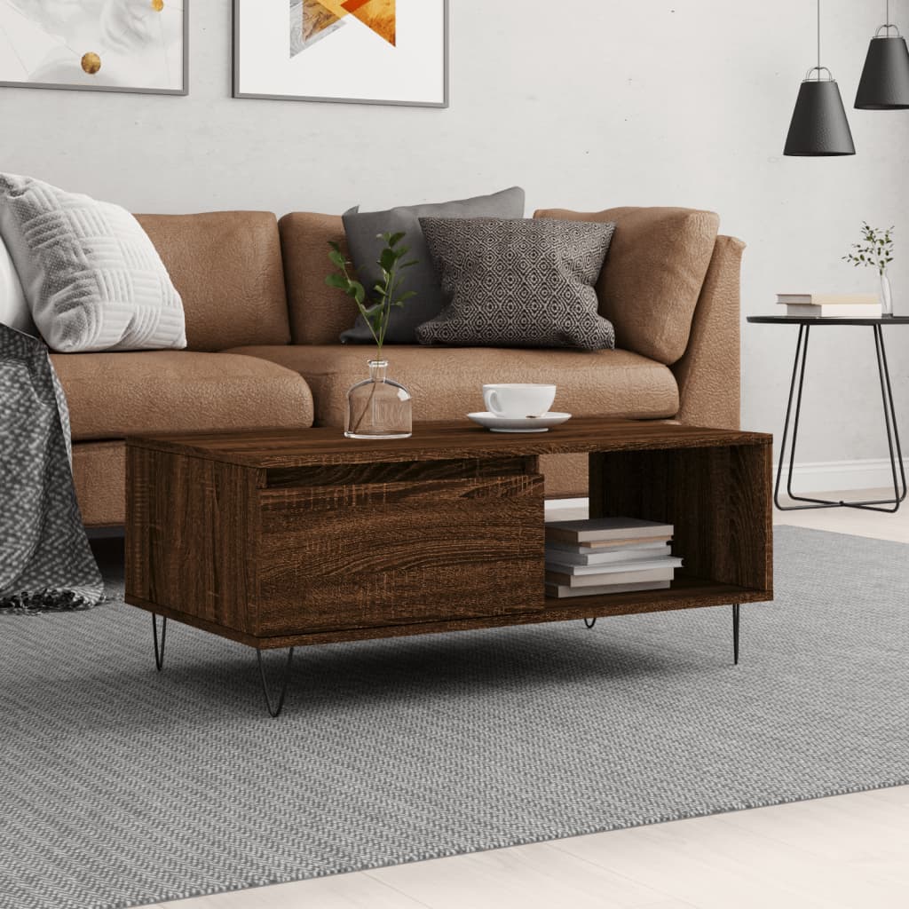 Salontafel 90x50x36,5 cm bewerkt hout bruin eikenkleur is nu te koop bij PeponiXL, paradijselijk wonen!