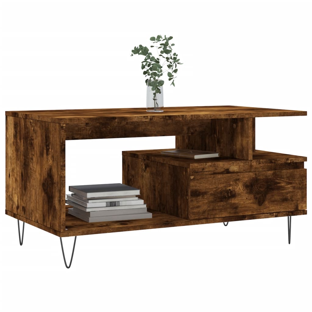 Salontafel 90x49x45 cm bewerkt hout gerookt eikenkleurig is nu te koop bij PeponiXL, paradijselijk wonen!