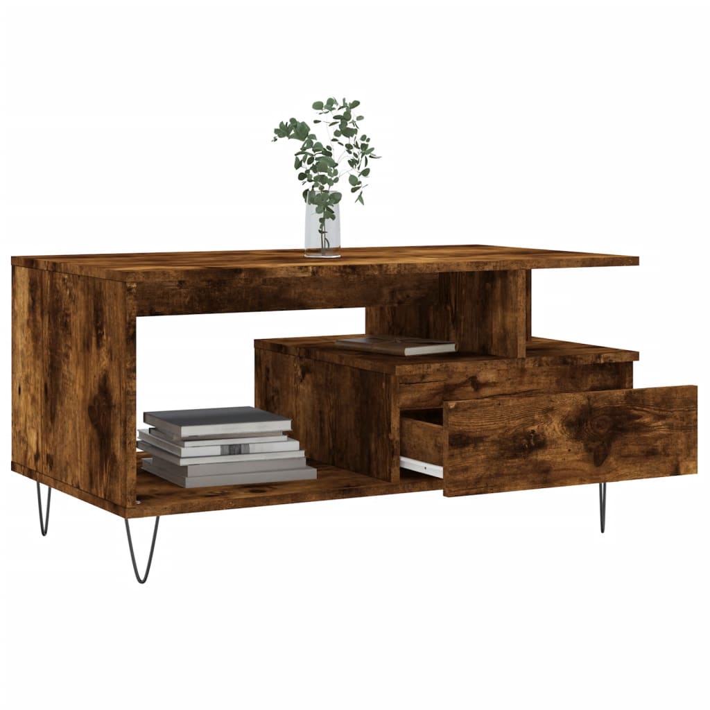 Salontafel 90x49x45 cm bewerkt hout gerookt eikenkleurig is nu te koop bij PeponiXL, paradijselijk wonen!