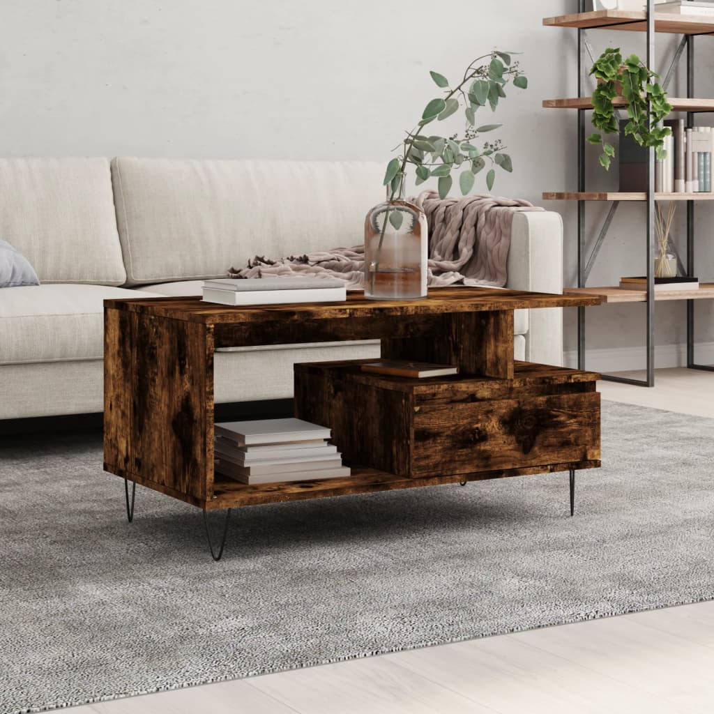 Salontafel 90x49x45 cm bewerkt hout gerookt eikenkleurig is nu te koop bij PeponiXL, paradijselijk wonen!