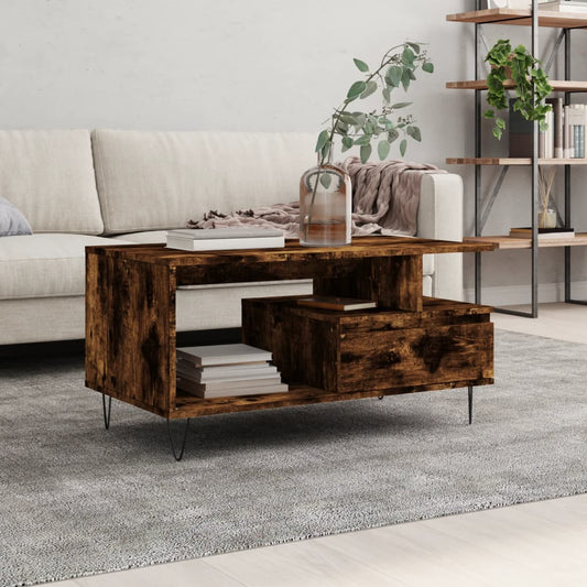 Salontafel 90x49x45 cm bewerkt hout gerookt eikenkleurig is nu te koop bij PeponiXL, paradijselijk wonen!