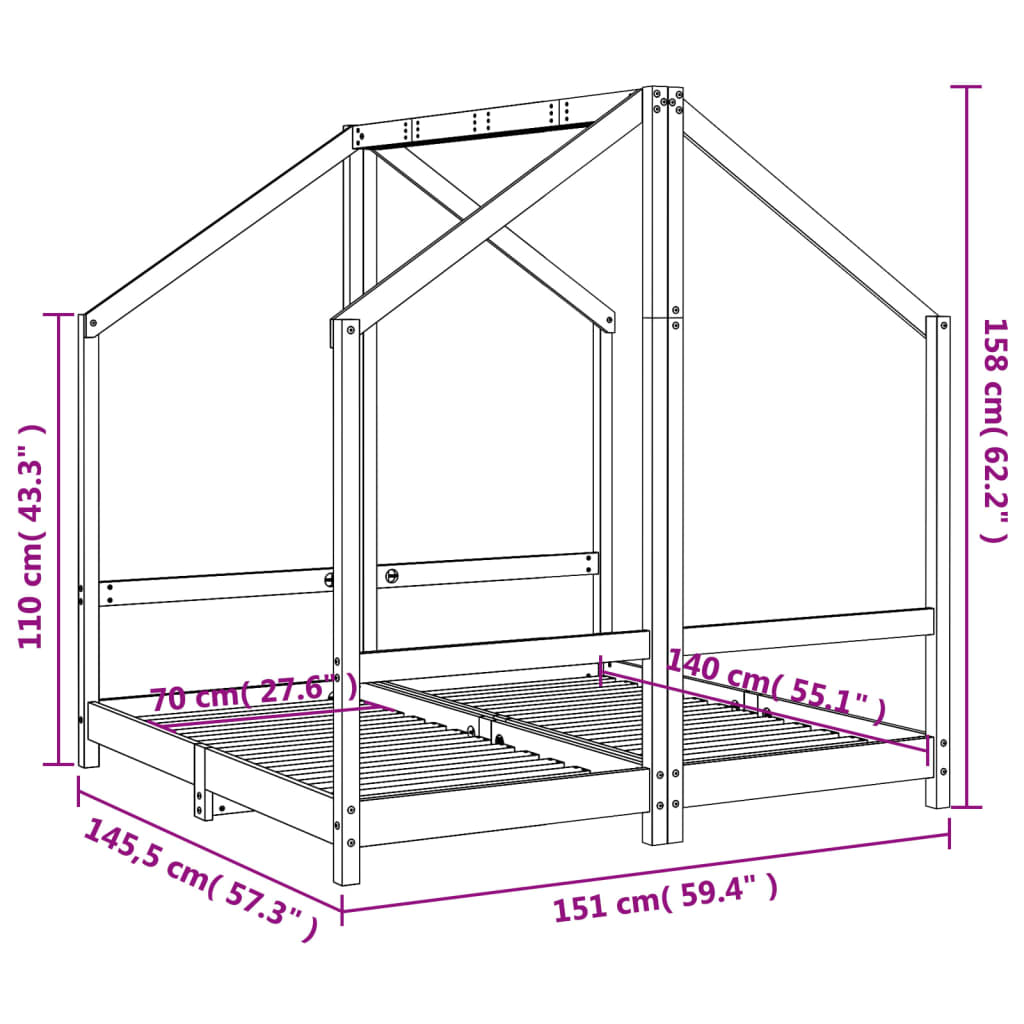 Kinderbedframe 2x(70x140) cm massief grenenhout zwart is nu te koop bij PeponiXL, paradijselijk wonen!