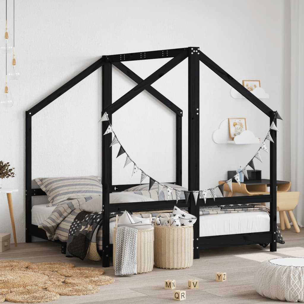 Kinderbedframe 2x(70x140) cm massief grenenhout zwart is nu te koop bij PeponiXL, paradijselijk wonen!