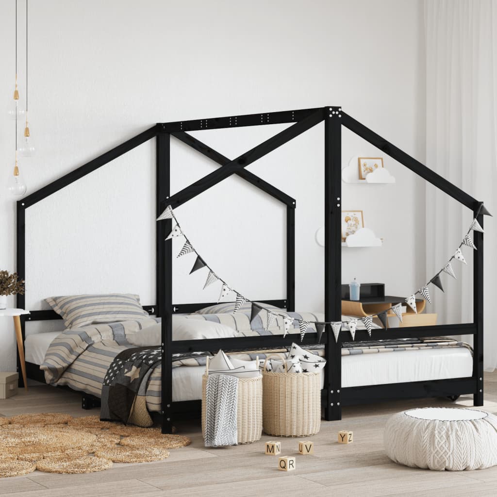 Kinderbedframe 2x(90x190) cm massief grenenhout zwart is nu te koop bij PeponiXL, paradijselijk wonen!