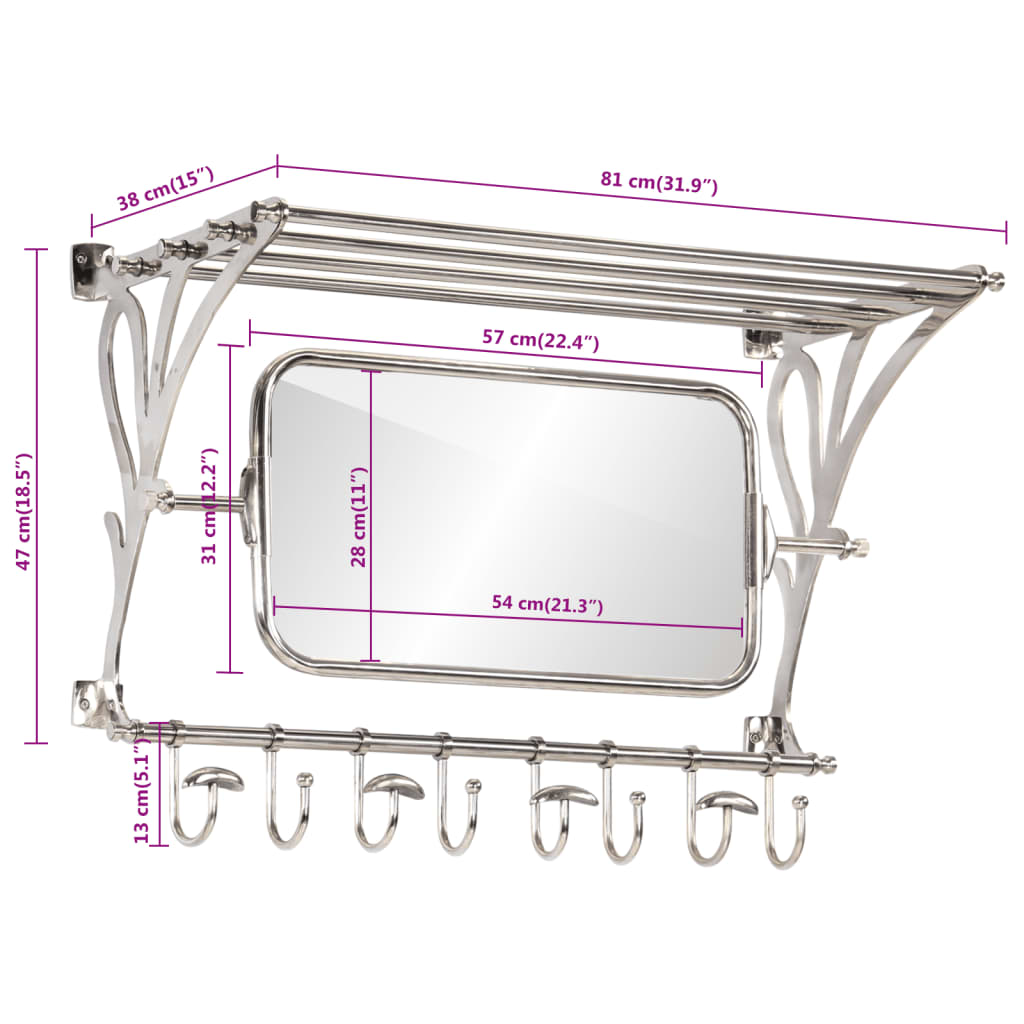 Bagagerek met kleerhangers en spiegel wandmontage aluminium is nu te koop bij PeponiXL, paradijselijk wonen!