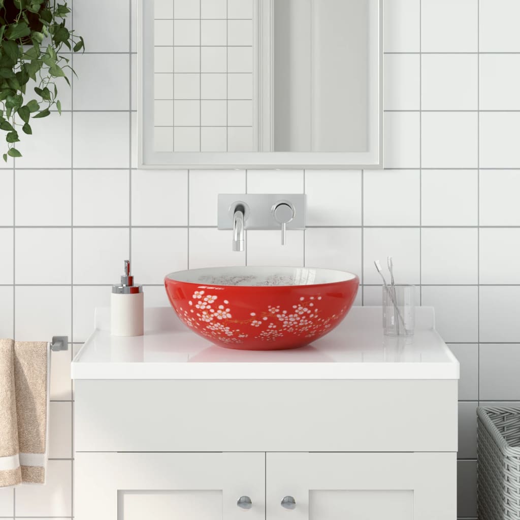 Opzetwasbak rond Φ41x14 cm keramiek wit en rood is nu te koop bij PeponiXL, paradijselijk wonen!