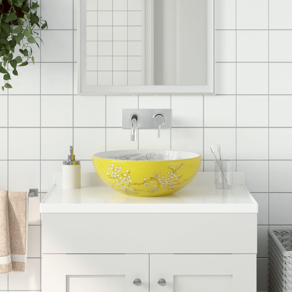 Opzetwasbak rond Φ41x14 cm keramiek wit en geel is nu te koop bij PeponiXL, paradijselijk wonen!