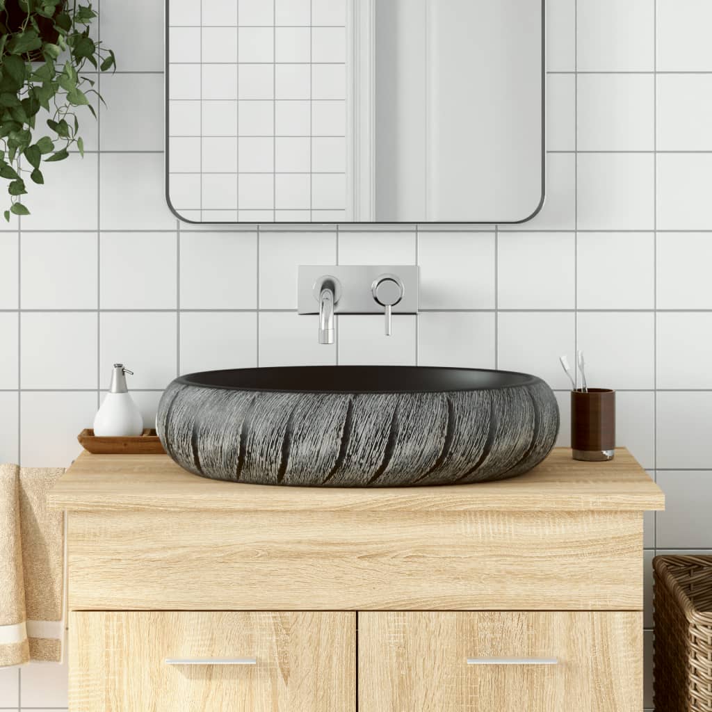 Opzetwasbak ovaal 59x40x15 cm keramiek zwart en grijs is nu te koop bij PeponiXL, paradijselijk wonen!