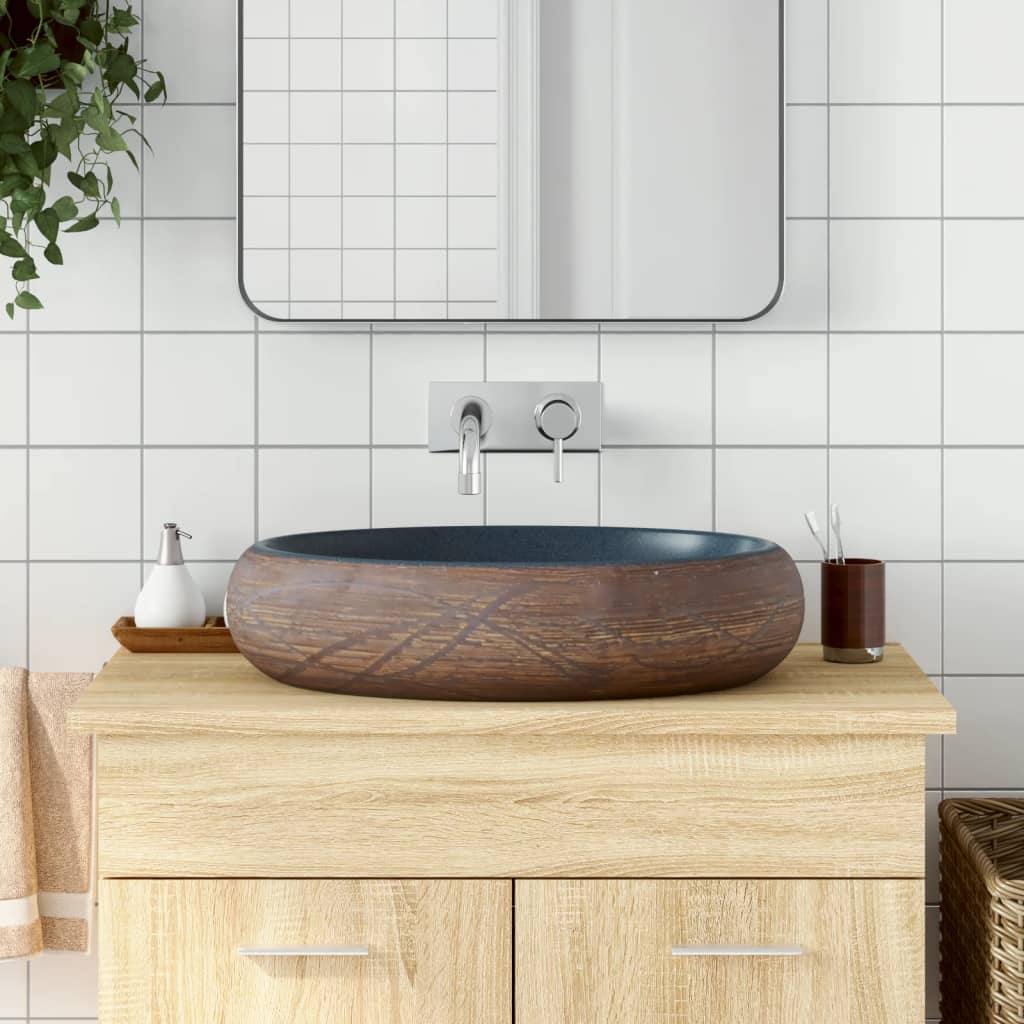 Opzetwasbak ovaal 59x40x15 cm keramiek bruin en blauw is nu te koop bij PeponiXL, paradijselijk wonen!