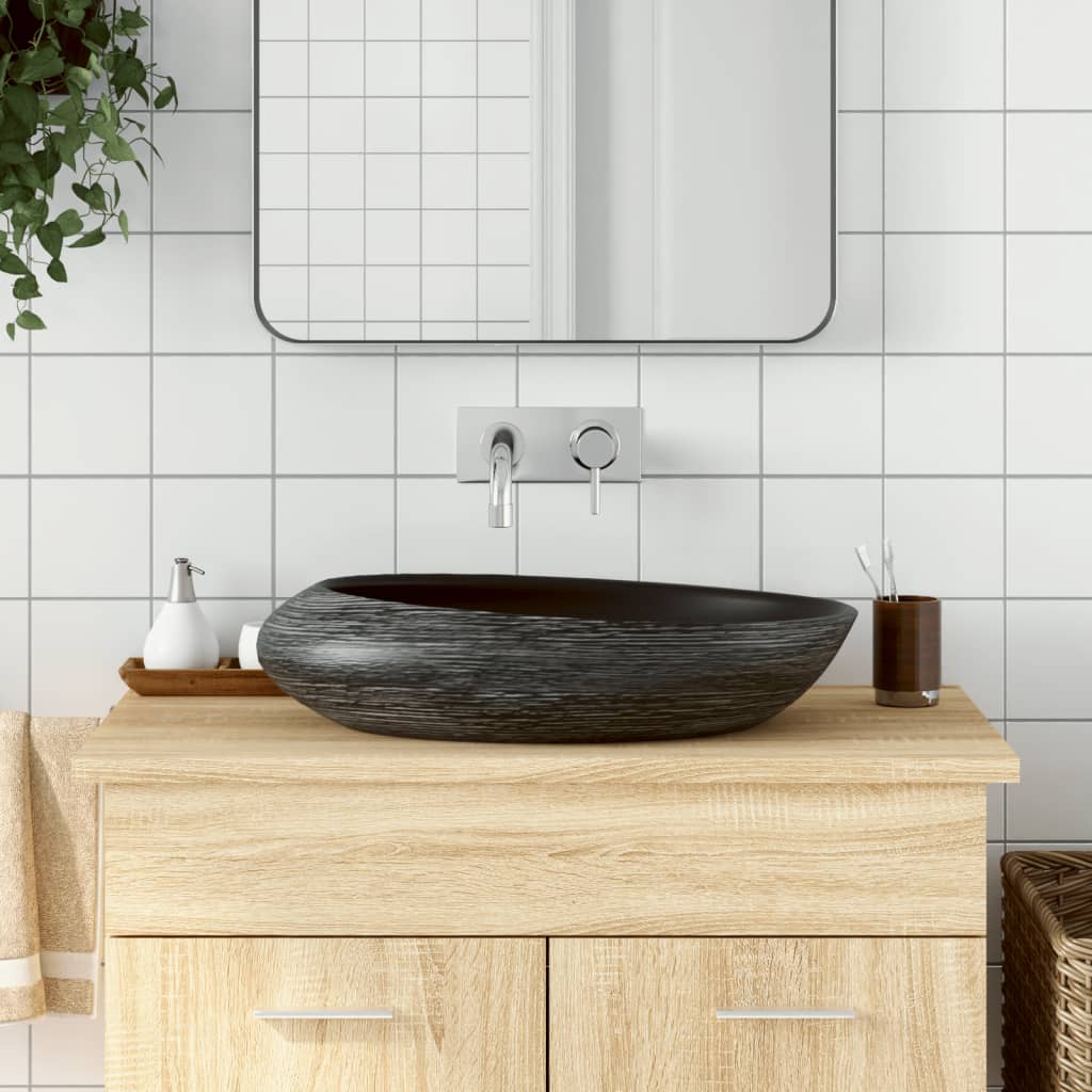 Opzetwasbak ovaal 59x40x14 cm keramiek grijs en zwart is nu te koop bij PeponiXL, paradijselijk wonen!