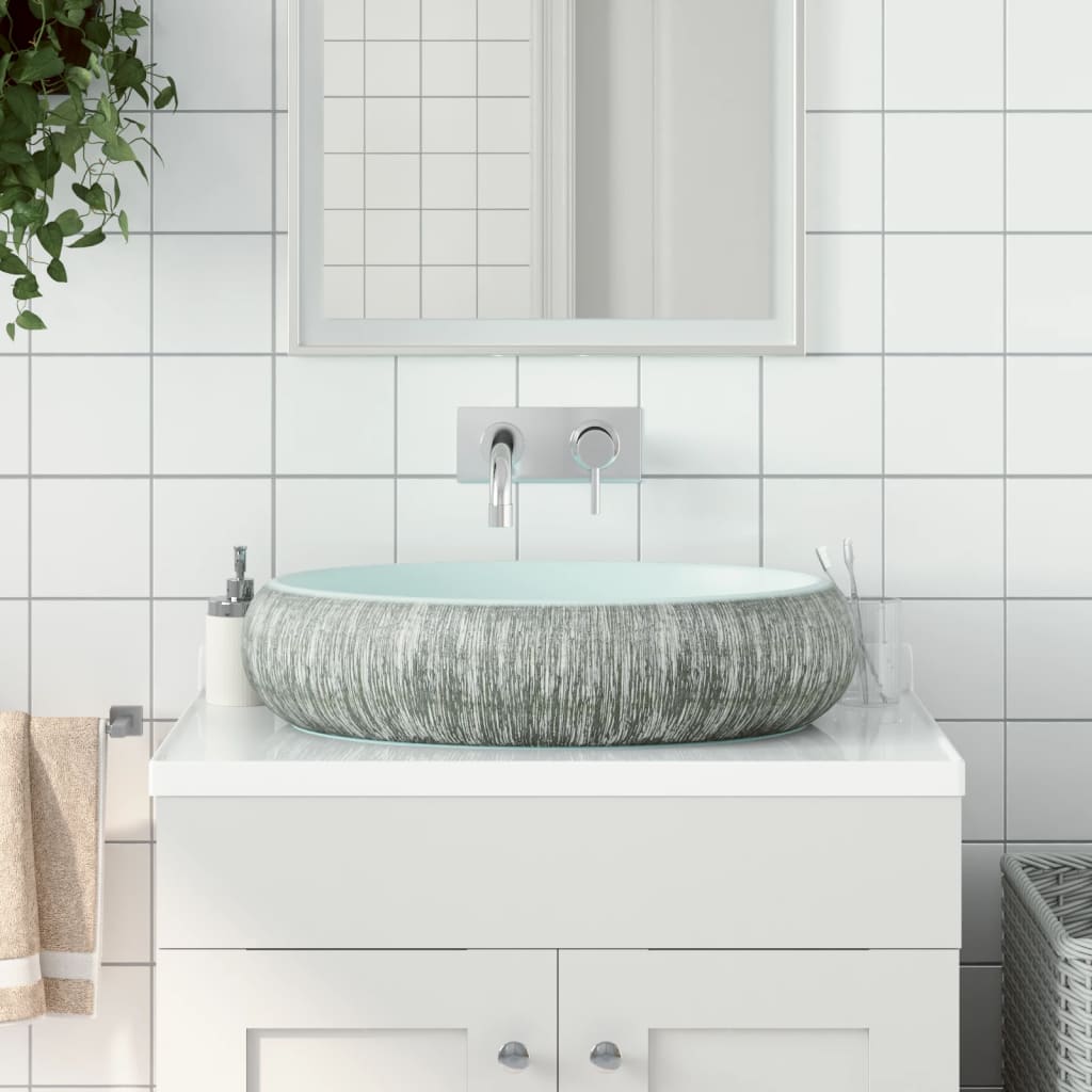 Opzetwasbak ovaal 59x40x15 cm keramiek grijs en blauw is nu te koop bij PeponiXL, paradijselijk wonen!