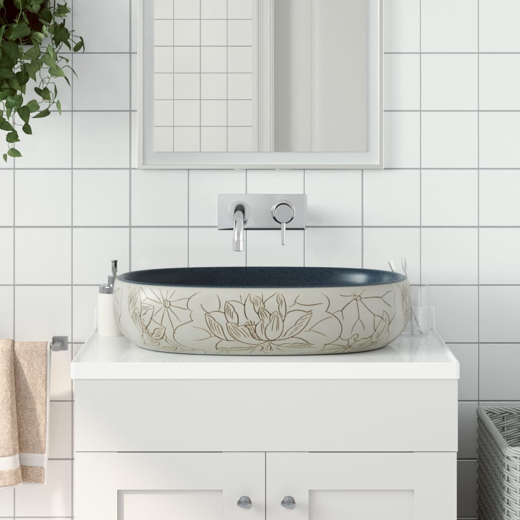 Opzetwasbak ovaal 59x40x14 cm keramiek zandkleurig en blauw is nu te koop bij PeponiXL, paradijselijk wonen!
