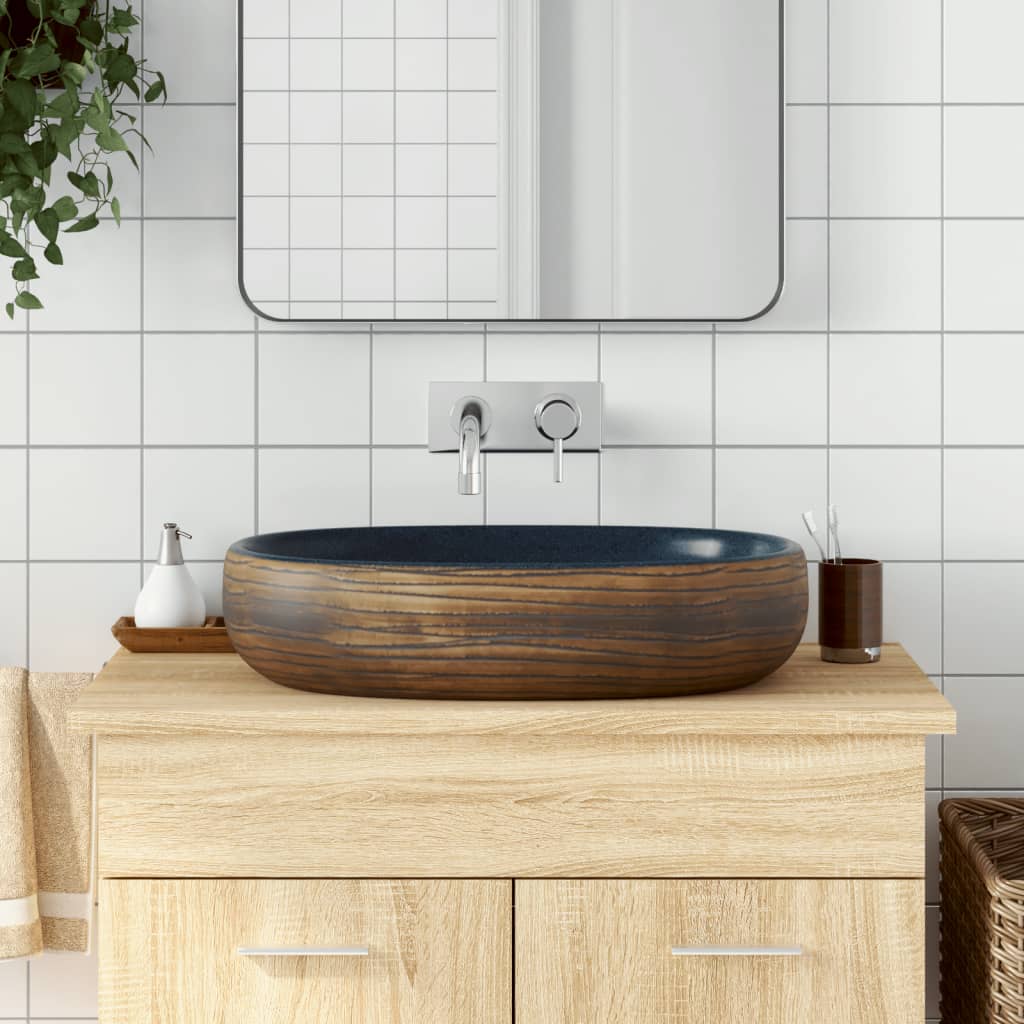 Opzetwasbak ovaal 59x40x14 cm keramiek bruin en blauw is nu te koop bij PeponiXL, paradijselijk wonen!