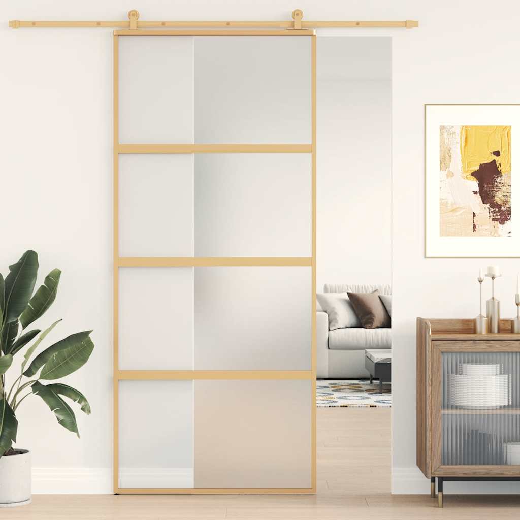 Schuifdeur 90x205 cm mat ESG-glas en aluminium goudkleurig is nu te koop bij PeponiXL, paradijselijk wonen!