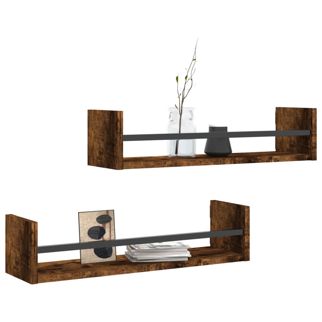 Wandschappen met stangen 2 st 60x16x14 cm gerookt eikenkleurig is nu te koop bij PeponiXL, paradijselijk wonen!