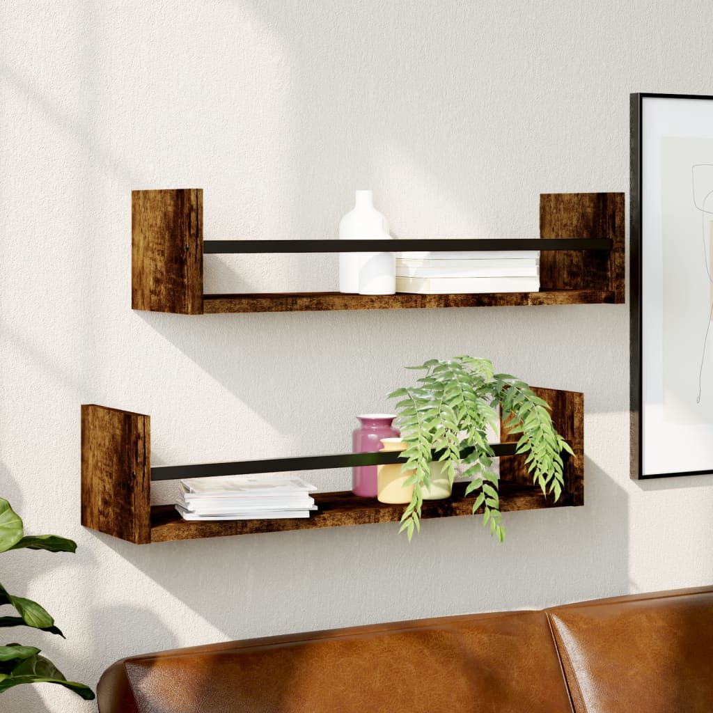 Wandschappen met stangen 2 st 60x16x14 cm gerookt eikenkleurig is nu te koop bij PeponiXL, paradijselijk wonen!