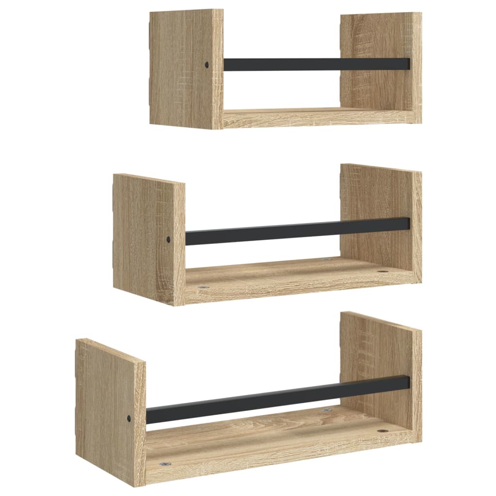 3-delige wandplankenset met stangen Sonoma eiken bewerkt hout is nu te koop bij PeponiXL, paradijselijk wonen!