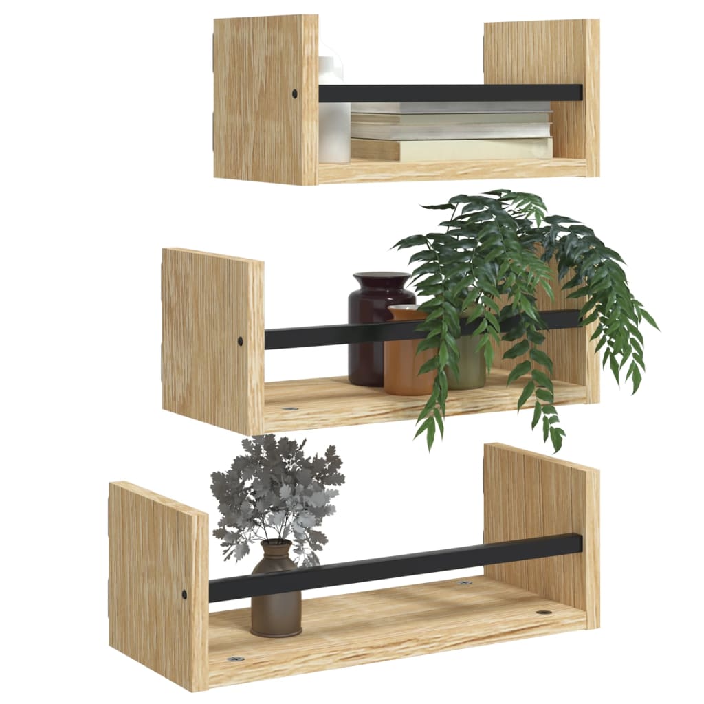 3-delige wandplankenset met stangen Sonoma eiken bewerkt hout is nu te koop bij PeponiXL, paradijselijk wonen!