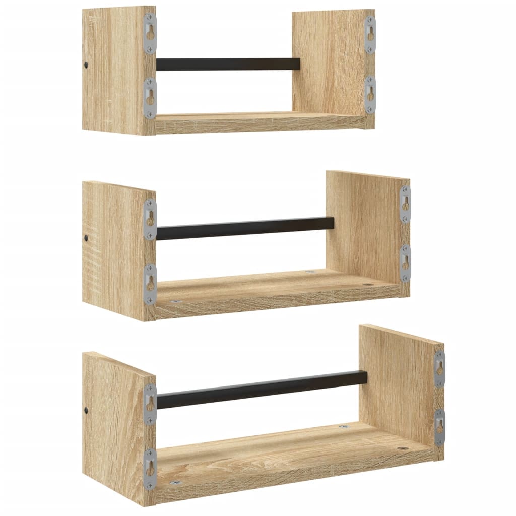 3-delige wandplankenset met stangen Sonoma eiken bewerkt hout is nu te koop bij PeponiXL, paradijselijk wonen!
