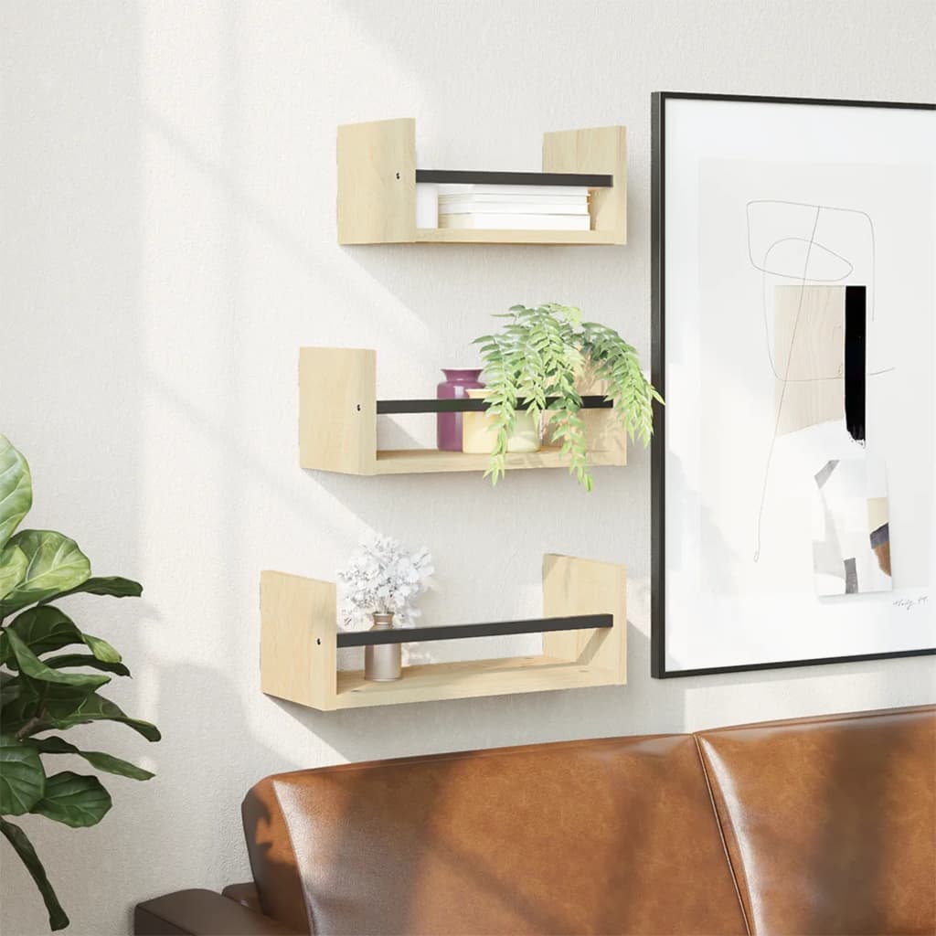 3-delige wandplankenset met stangen Sonoma eiken bewerkt hout is nu te koop bij PeponiXL, paradijselijk wonen!