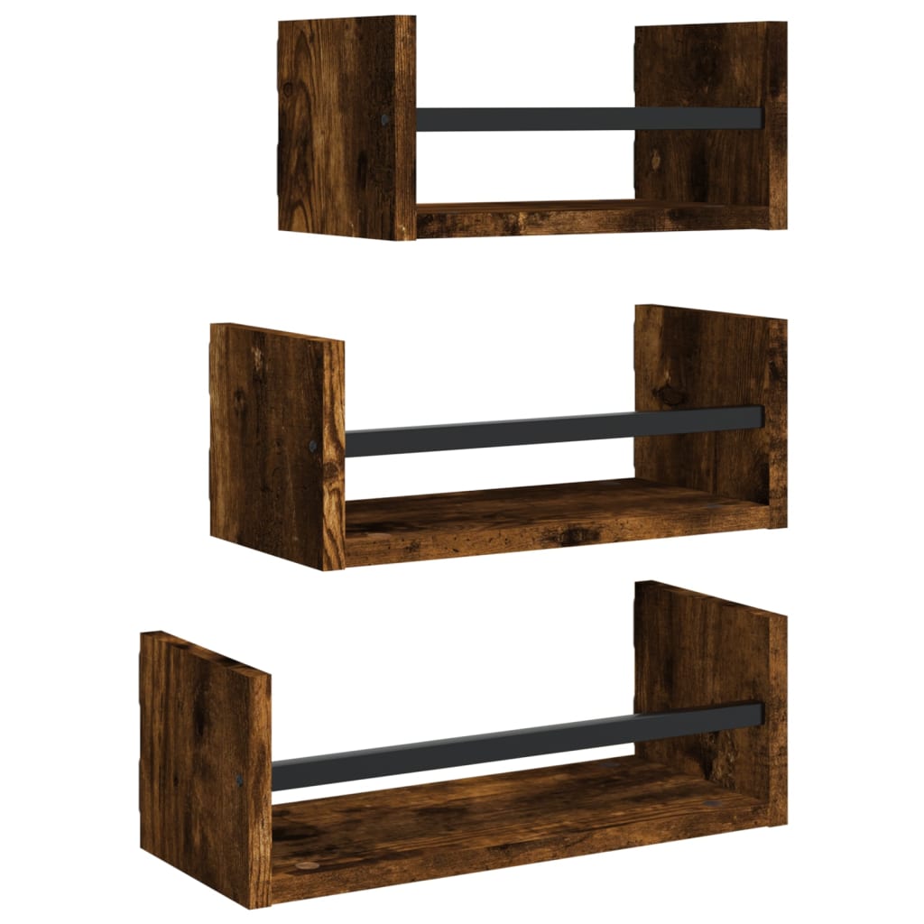 3-delige Wandschappenset met stangen bewerkt hout gerookt eiken is nu te koop bij PeponiXL, paradijselijk wonen!