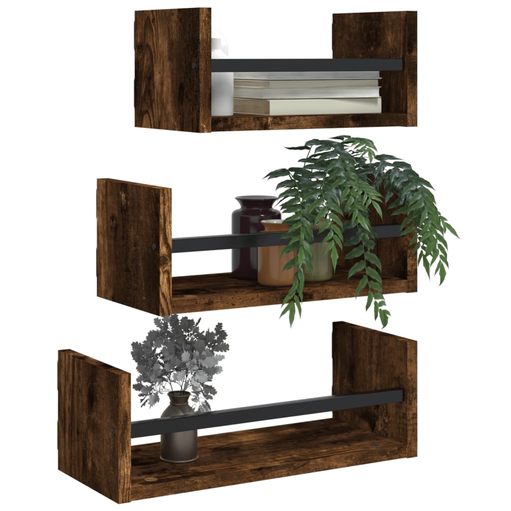 3-delige Wandschappenset met stangen bewerkt hout gerookt eiken is nu te koop bij PeponiXL, paradijselijk wonen!