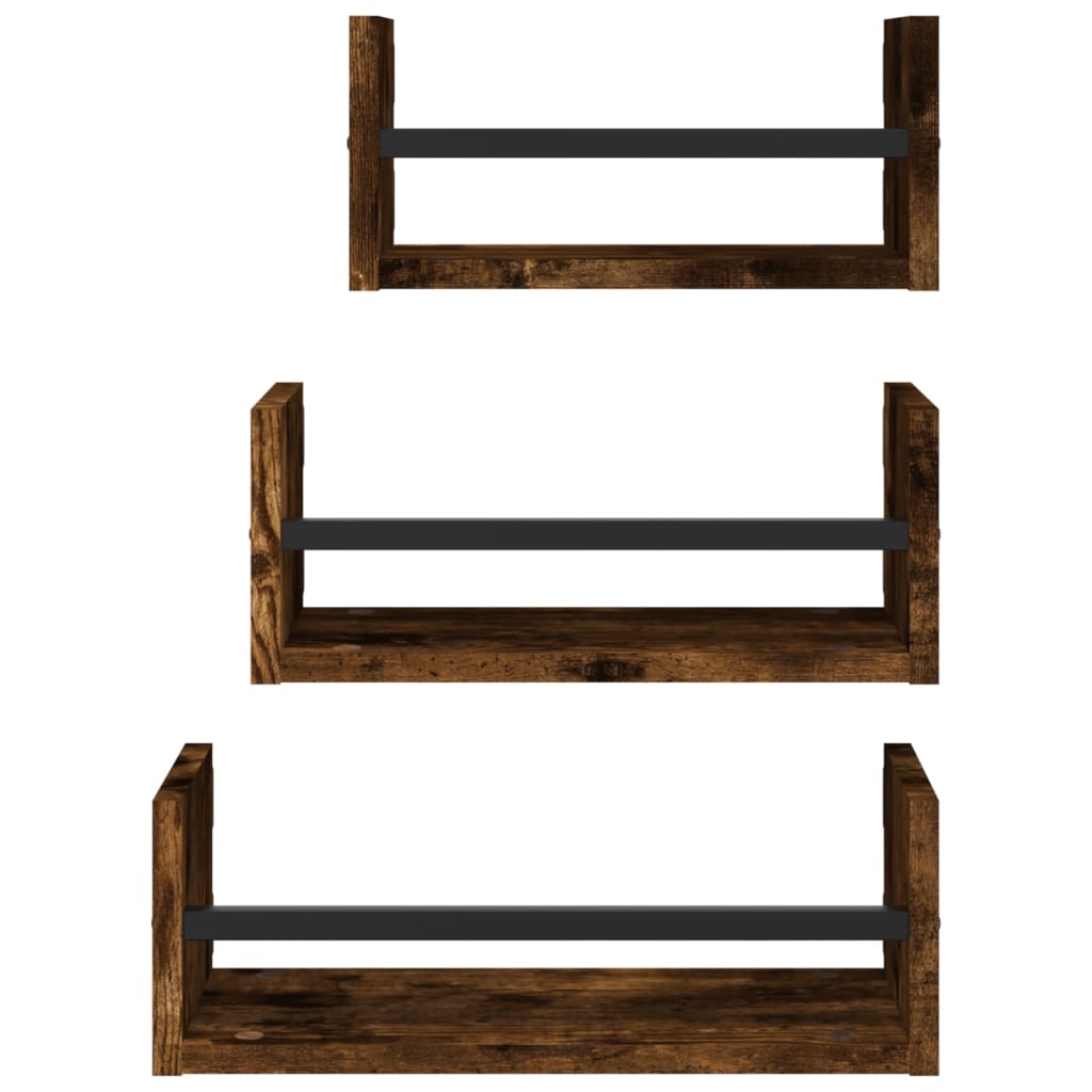3-delige Wandschappenset met stangen bewerkt hout gerookt eiken is nu te koop bij PeponiXL, paradijselijk wonen!