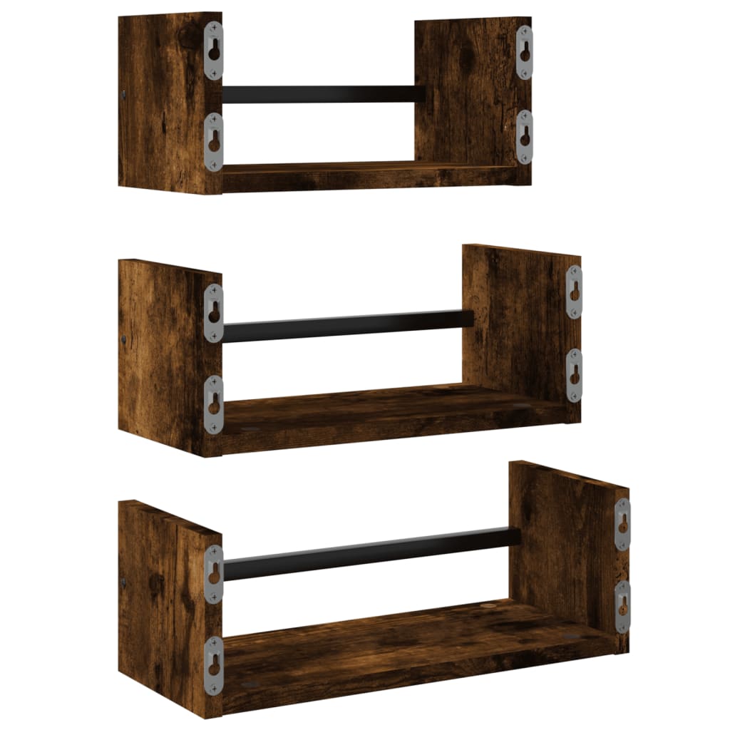3-delige Wandschappenset met stangen bewerkt hout gerookt eiken is nu te koop bij PeponiXL, paradijselijk wonen!