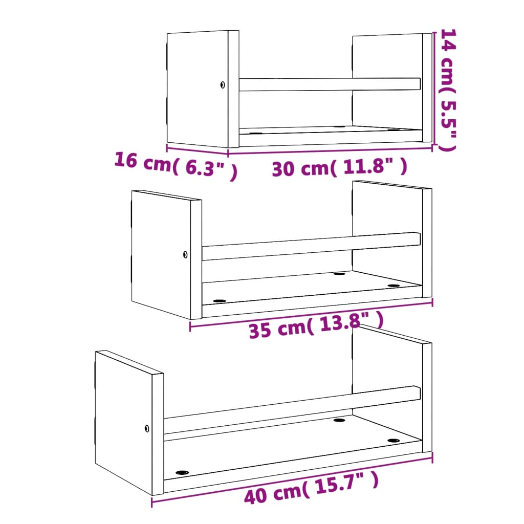 3-delige Wandschappenset met stangen bewerkt hout gerookt eiken is nu te koop bij PeponiXL, paradijselijk wonen!