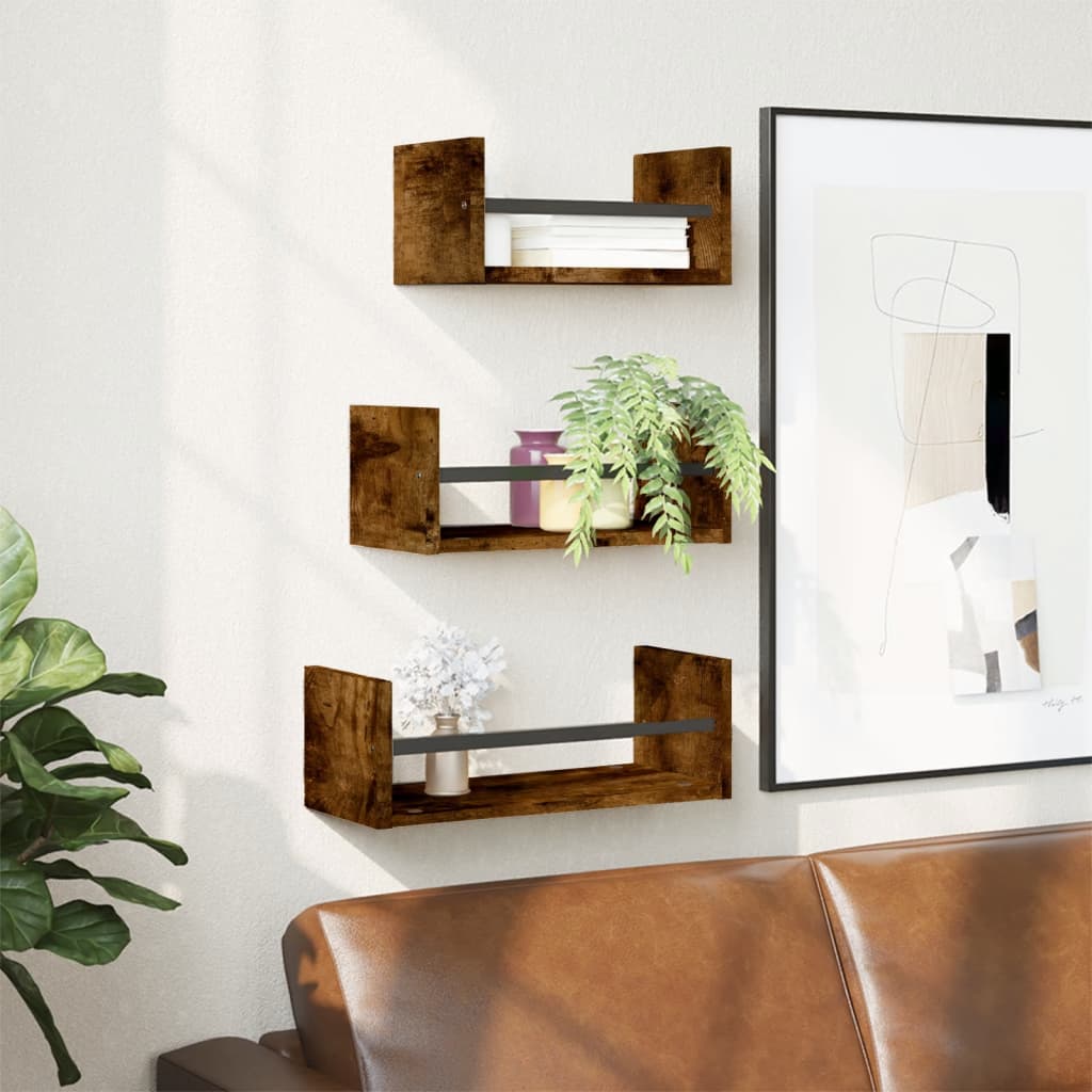 3-delige Wandschappenset met stangen bewerkt hout gerookt eiken is nu te koop bij PeponiXL, paradijselijk wonen!