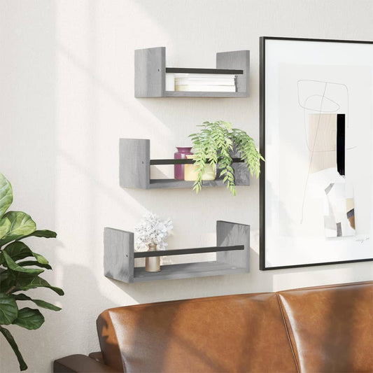 3-delige Wandschappenset met stangen bewerkt hout grijs sonoma is nu te koop bij PeponiXL, paradijselijk wonen!
