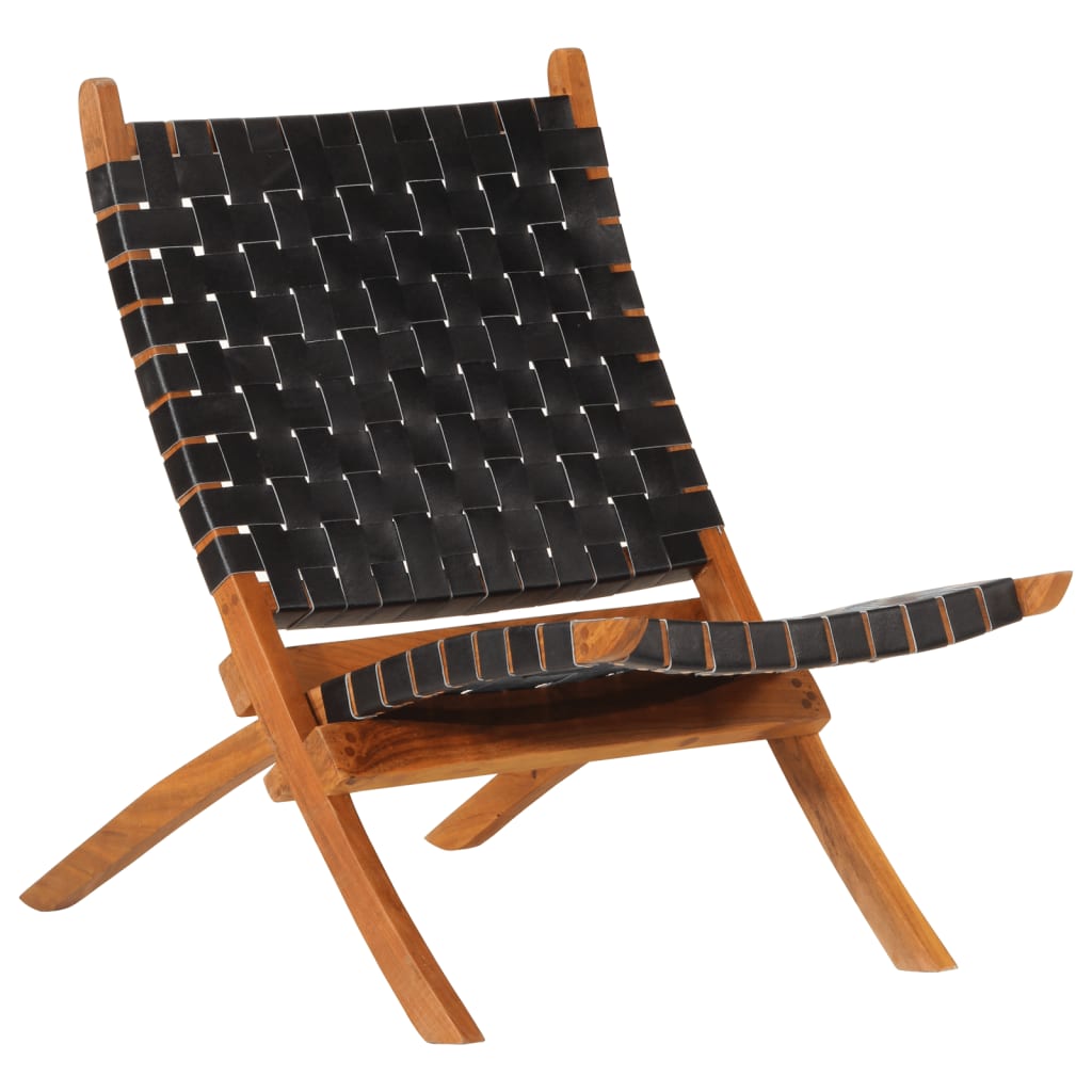 Relaxstoel inklapbaar echt leer zwart is nu te koop bij PeponiXL, paradijselijk wonen!