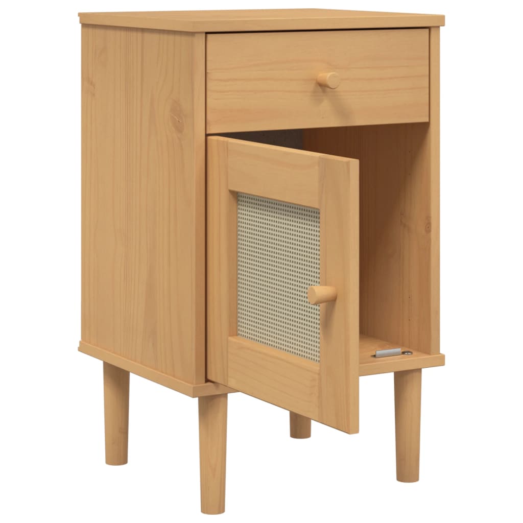 Nachtkastje SENJA rattan-look 40x35x65 cm grenenhout bruin is nu te koop bij PeponiXL, paradijselijk wonen!