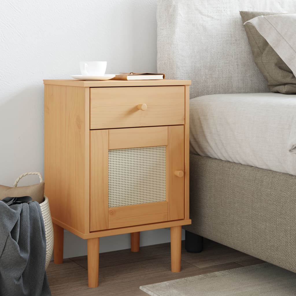 Nachtkastje SENJA rattan-look 40x35x65 cm grenenhout bruin is nu te koop bij PeponiXL, paradijselijk wonen!