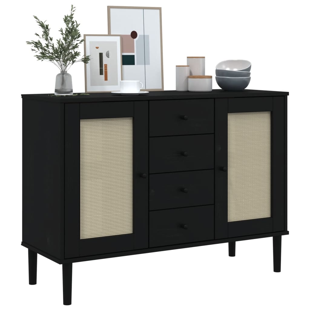 Dressoir SENJA rattan-look 112x40x80 cm grenenhout zwart is nu te koop bij PeponiXL, paradijselijk wonen!