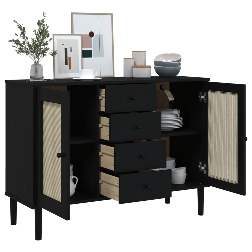 Dressoir SENJA rattan-look 112x40x80 cm grenenhout zwart is nu te koop bij PeponiXL, paradijselijk wonen!