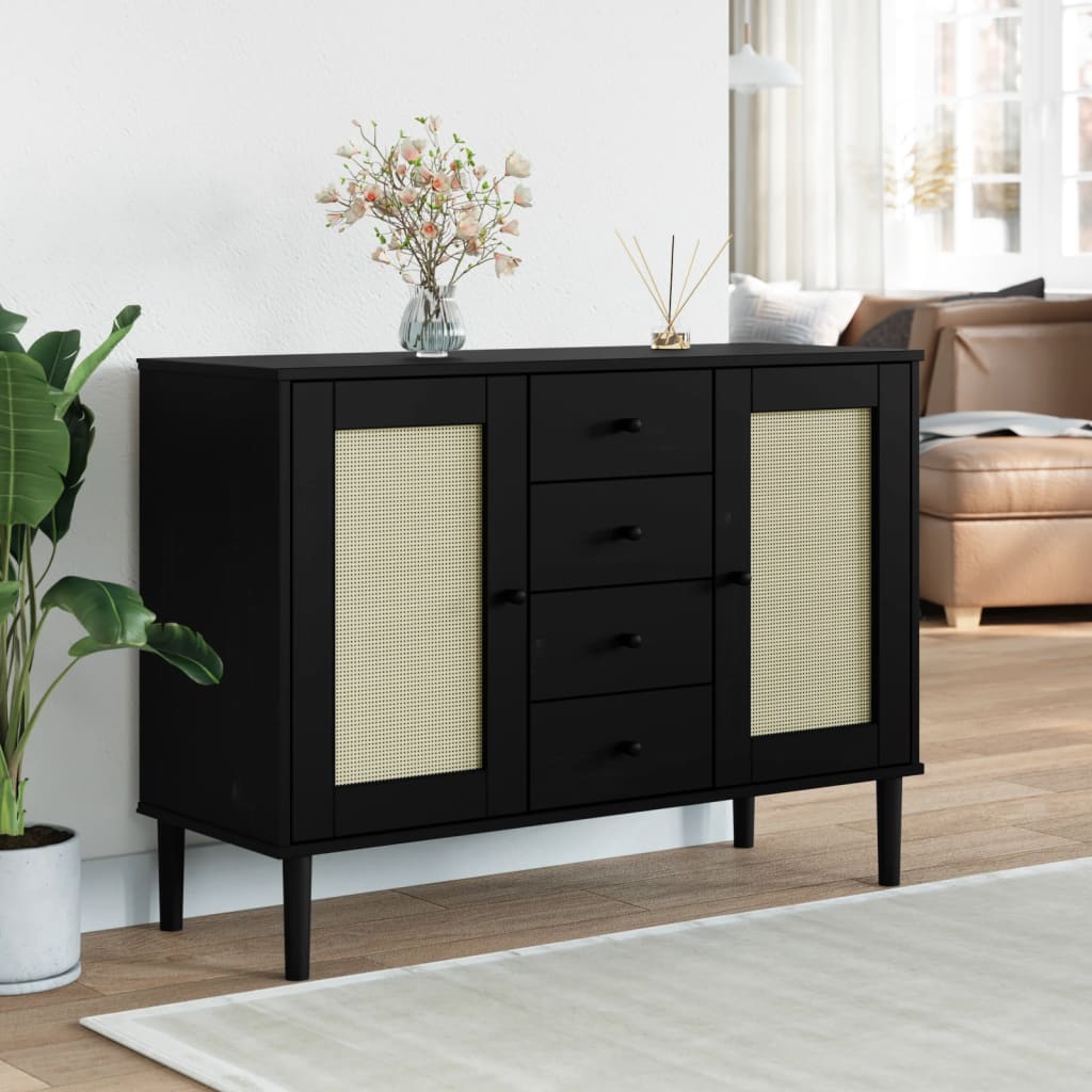 Dressoir SENJA rattan-look 112x40x80 cm grenenhout zwart is nu te koop bij PeponiXL, paradijselijk wonen!