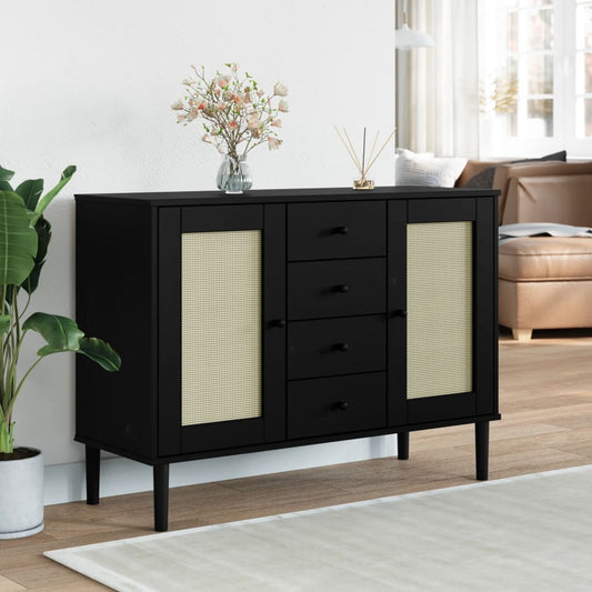 Dressoir SENJA rattan-look 112x40x80 cm grenenhout zwart is nu te koop bij PeponiXL, paradijselijk wonen!