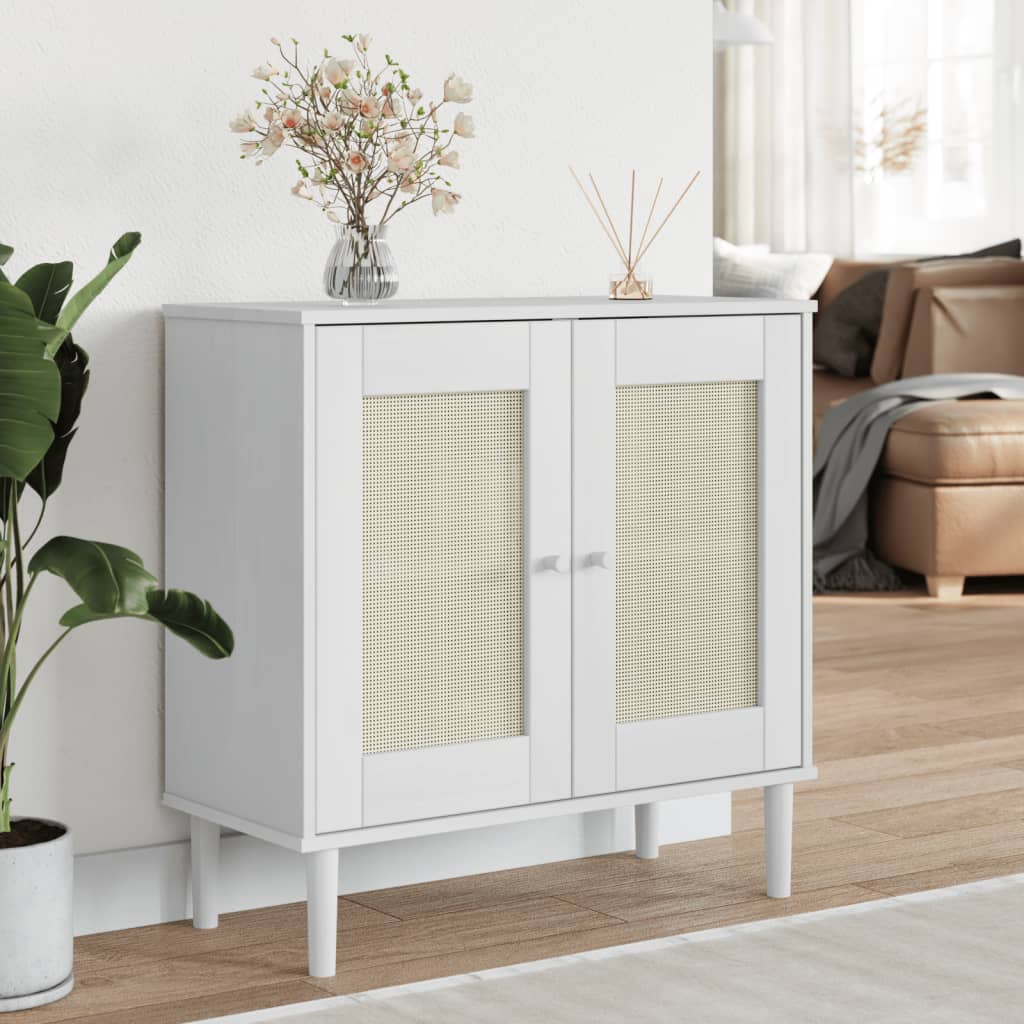 Dressoir SENJA 80x35x80 cm rattan look massief grenenhout wit is nu te koop bij PeponiXL, paradijselijk wonen!