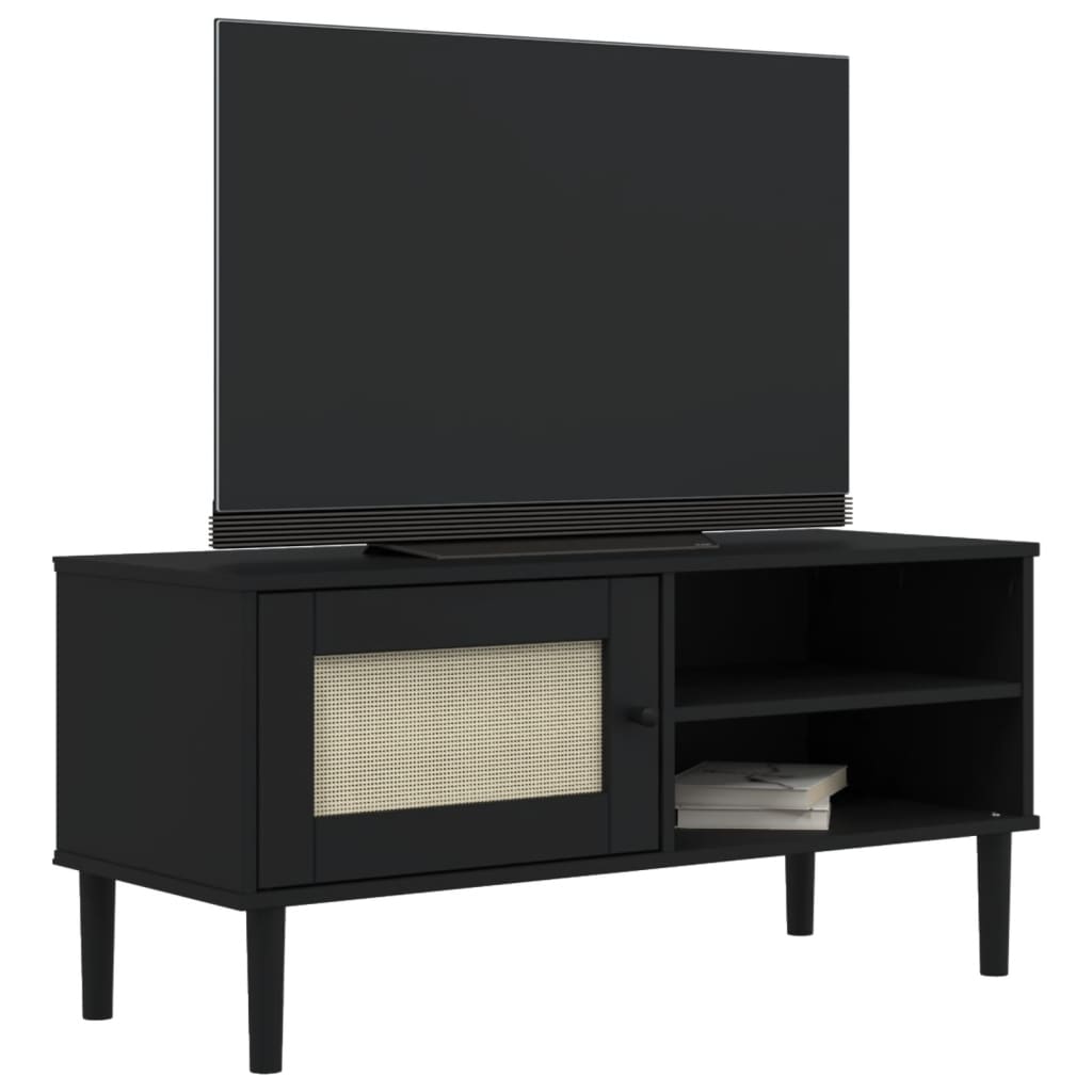 Tv-meubel SENJA 106x40x49 cm rattan massief grenenhout zwart is nu te koop bij PeponiXL, paradijselijk wonen!