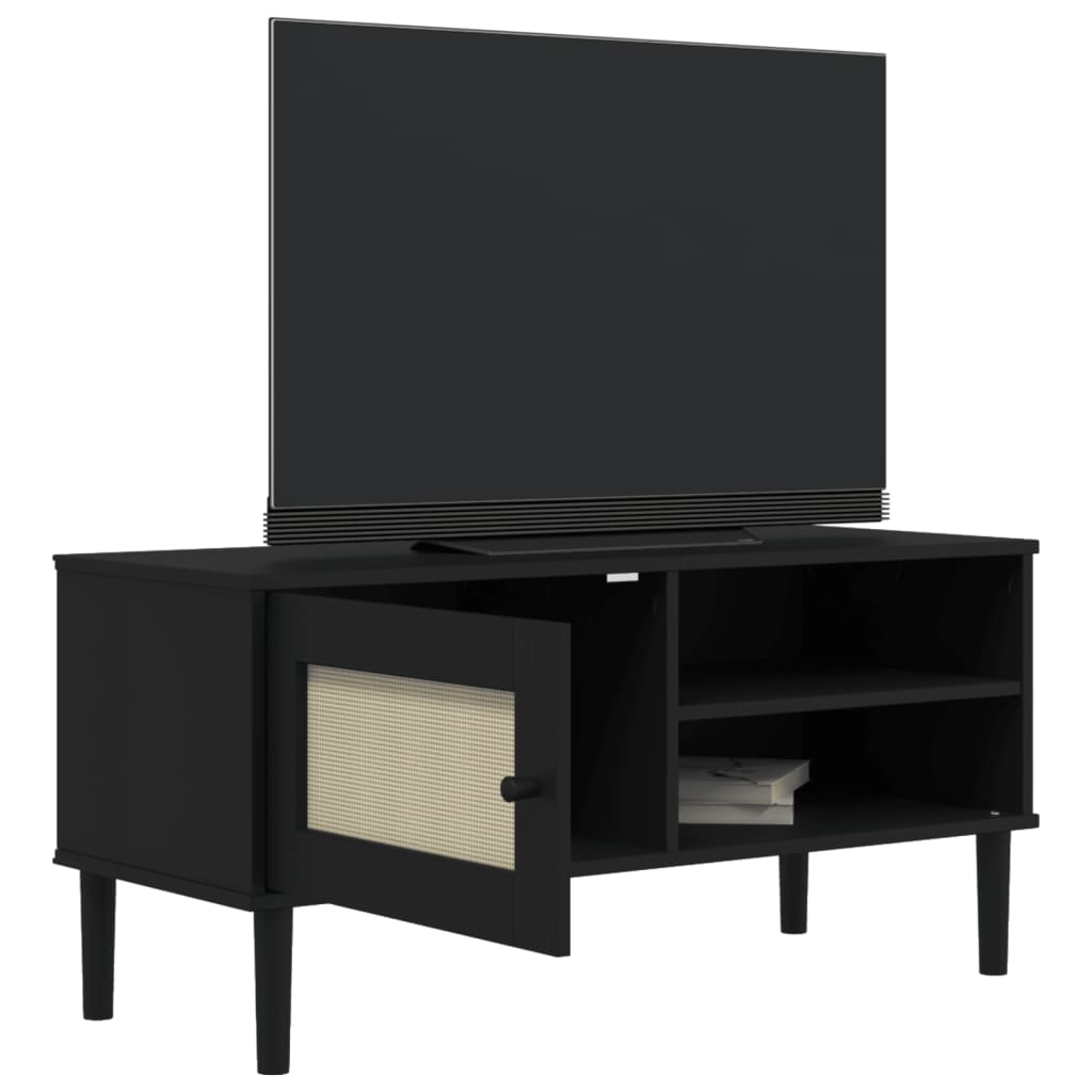 Tv-meubel SENJA 106x40x49 cm rattan massief grenenhout zwart is nu te koop bij PeponiXL, paradijselijk wonen!