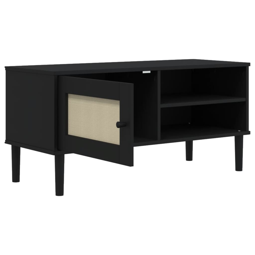 Tv-meubel SENJA 106x40x49 cm rattan massief grenenhout zwart is nu te koop bij PeponiXL, paradijselijk wonen!