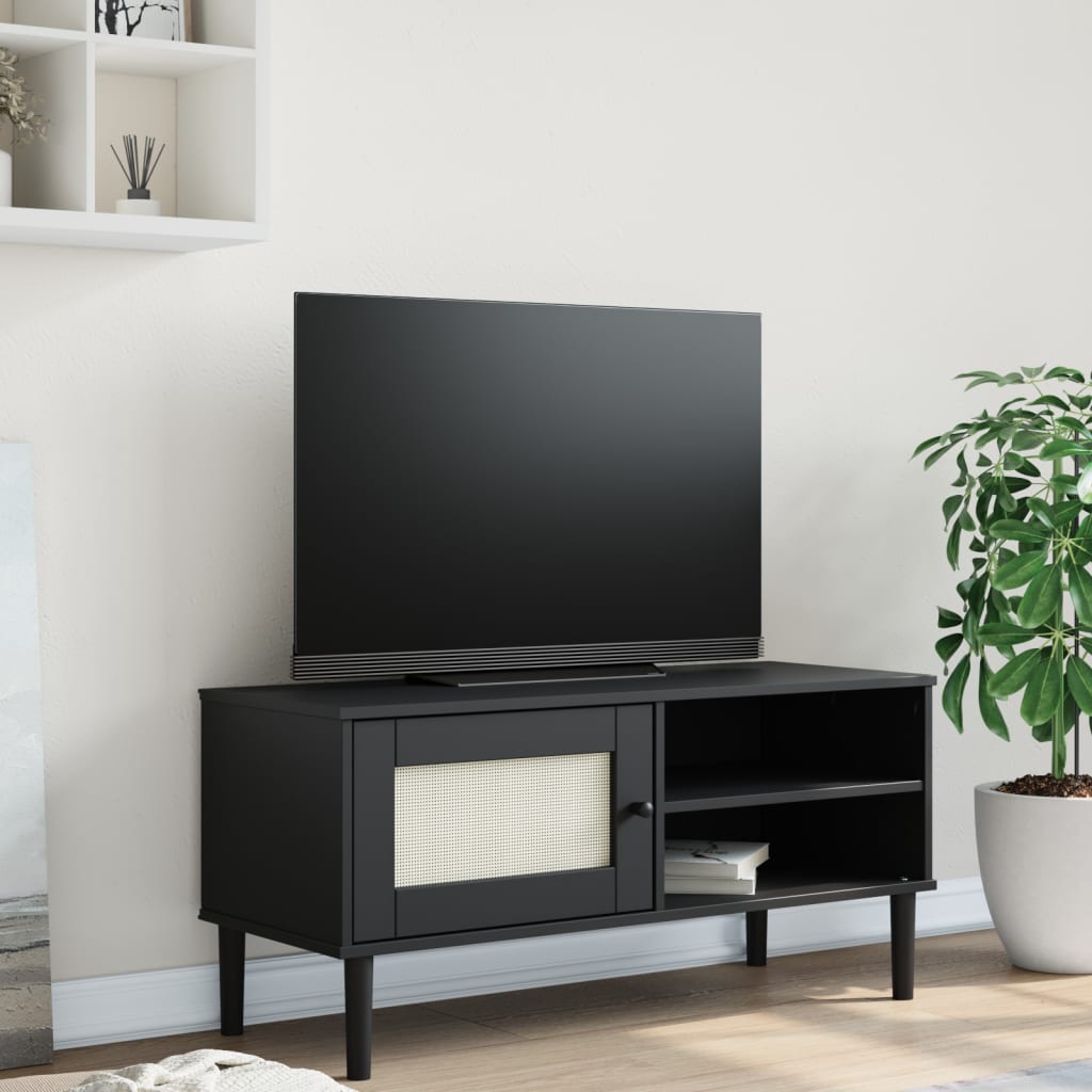 Tv-meubel SENJA 106x40x49 cm rattan massief grenenhout zwart is nu te koop bij PeponiXL, paradijselijk wonen!