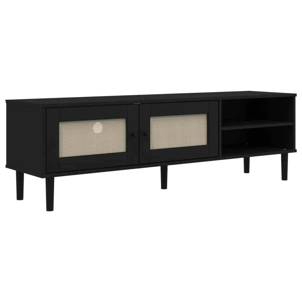 Tv-meubel SENJA 158x40x49 cm rattan-look massief grenen zwart is nu te koop bij PeponiXL, paradijselijk wonen!