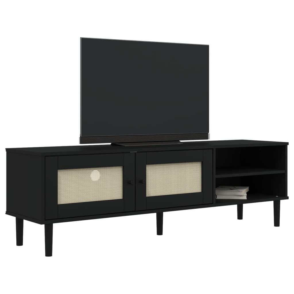 Tv-meubel SENJA 158x40x49 cm rattan-look massief grenen zwart is nu te koop bij PeponiXL, paradijselijk wonen!