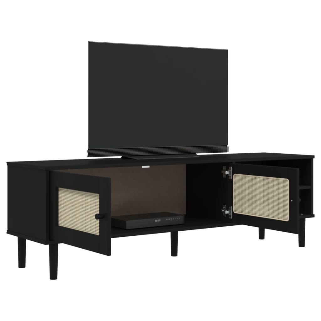 Tv-meubel SENJA 158x40x49 cm rattan-look massief grenen zwart is nu te koop bij PeponiXL, paradijselijk wonen!