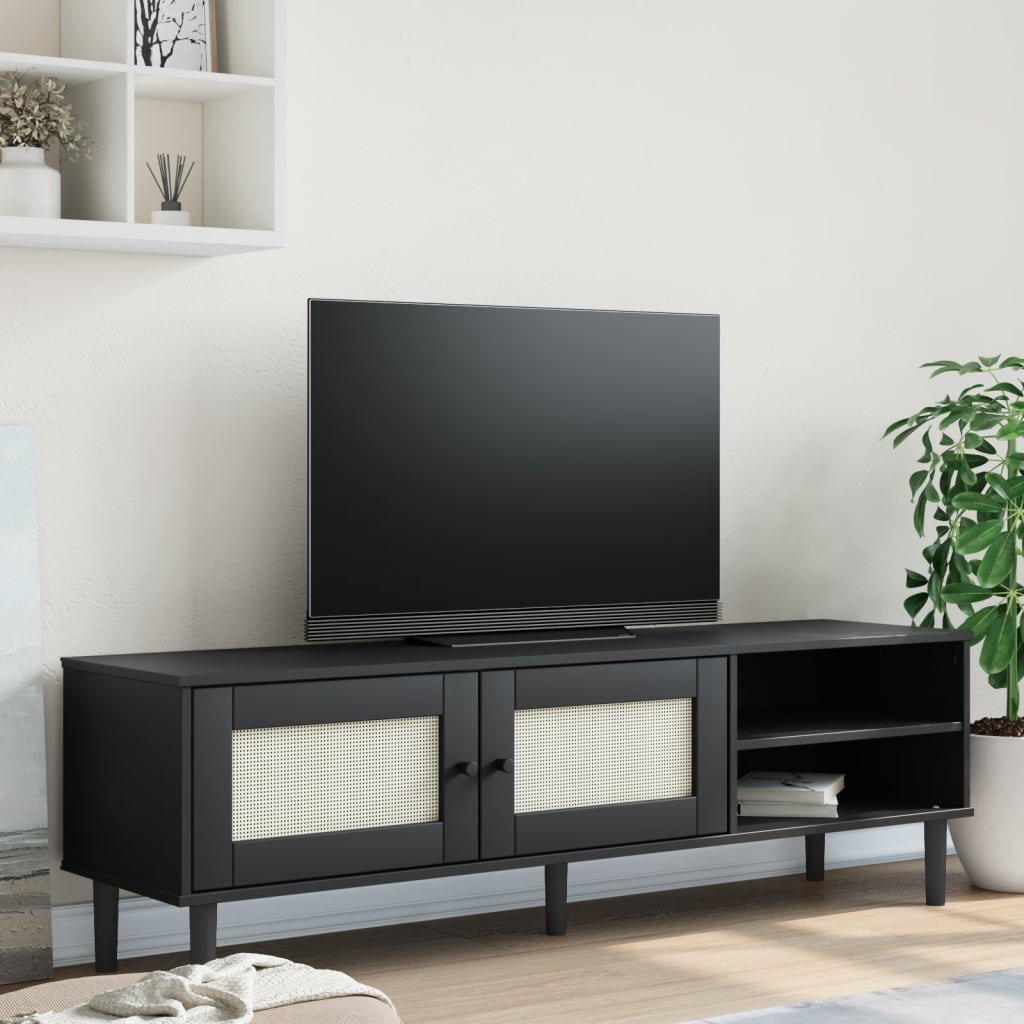 Tv-meubel SENJA 158x40x49 cm rattan-look massief grenen zwart is nu te koop bij PeponiXL, paradijselijk wonen!
