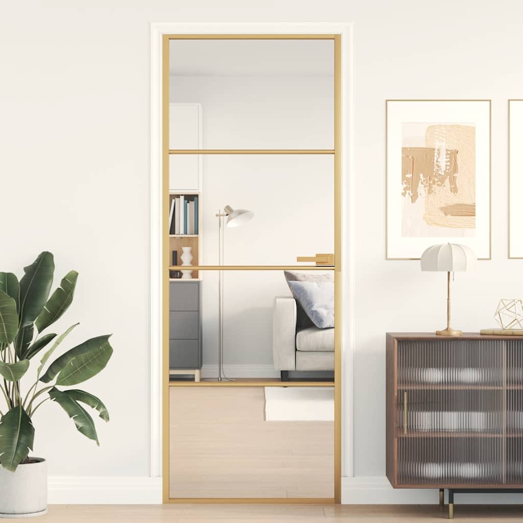 Binnendeur smal 76x201,5 cm gehard glas en aluminium goudkleur is nu te koop bij PeponiXL, paradijselijk wonen!