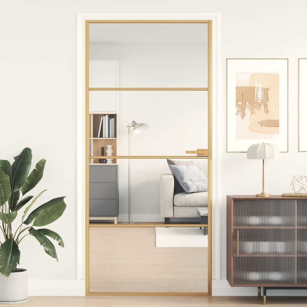 Binnendeur smal 93x201,5 cm gehard glas en aluminium goudkleur is nu te koop bij PeponiXL, paradijselijk wonen!